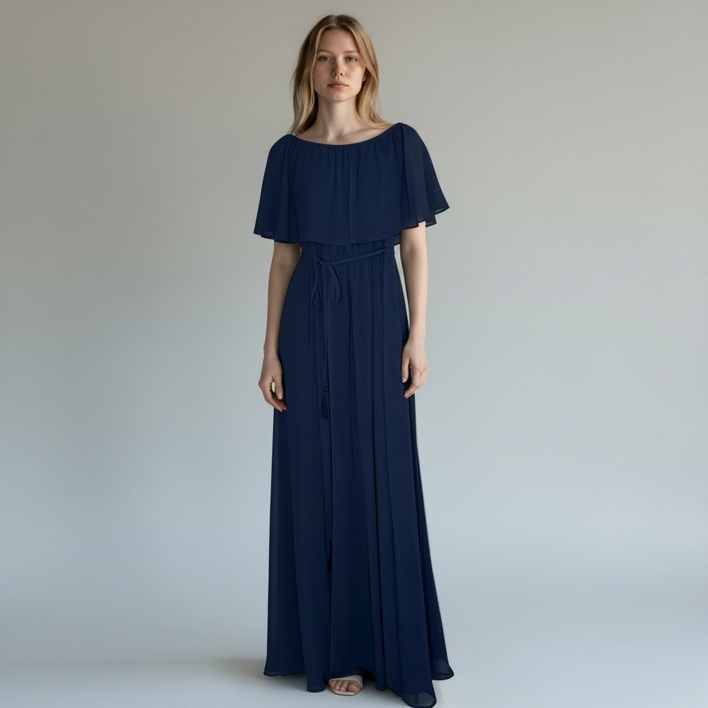 Baltic Born Victoria Off Shoulder Maxi Dress Navy Blue Chiffon Tassel Belt XS